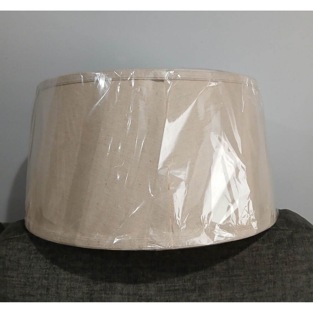 Drum Shape Lampshades. Beige Fabric. Top 17" Bottom 19" Side 10". Set of Two